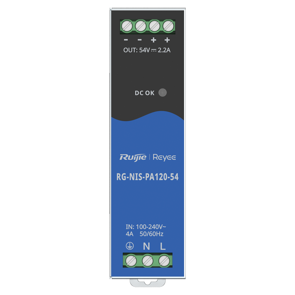 Fuente de alimentación Industrial Reyee - Salida DC 54 V 2,2A / 120 W - 2 salidas DC - Voltaje entrada 100 V ~ 240 V - 125 (Al) x 35 (An) x 100 (Fo) mm - Montaje en carril DIN