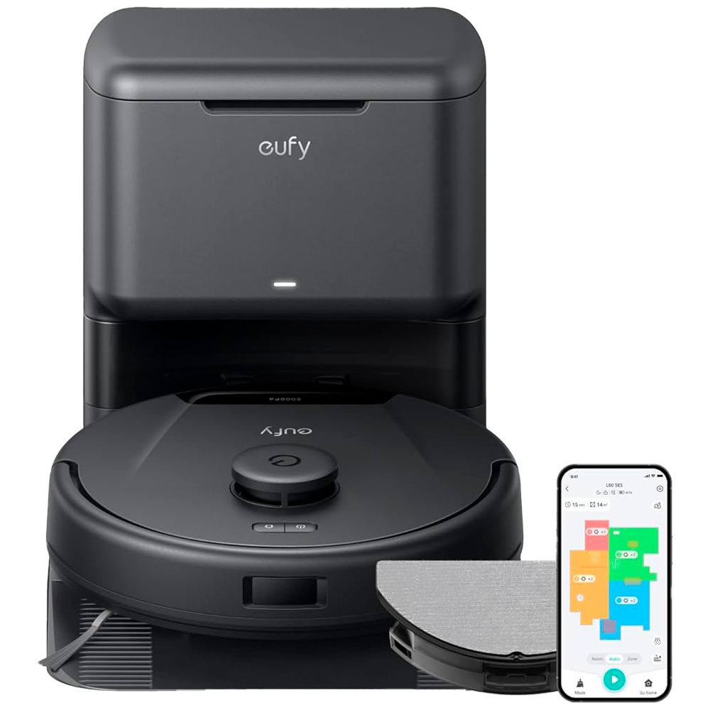 Robot aspirapolvere e spazzola Eufy by Anker - Potenza massima di 5000 Pa - Capacità del serbatoio Polvere 350 ml e acqua 280 ml - Tecnologia BoostIQ™️ / Navigazione laser iPath - Mappatura Vari Piani - Compatibile con Amazon Alexa e Google Assistant