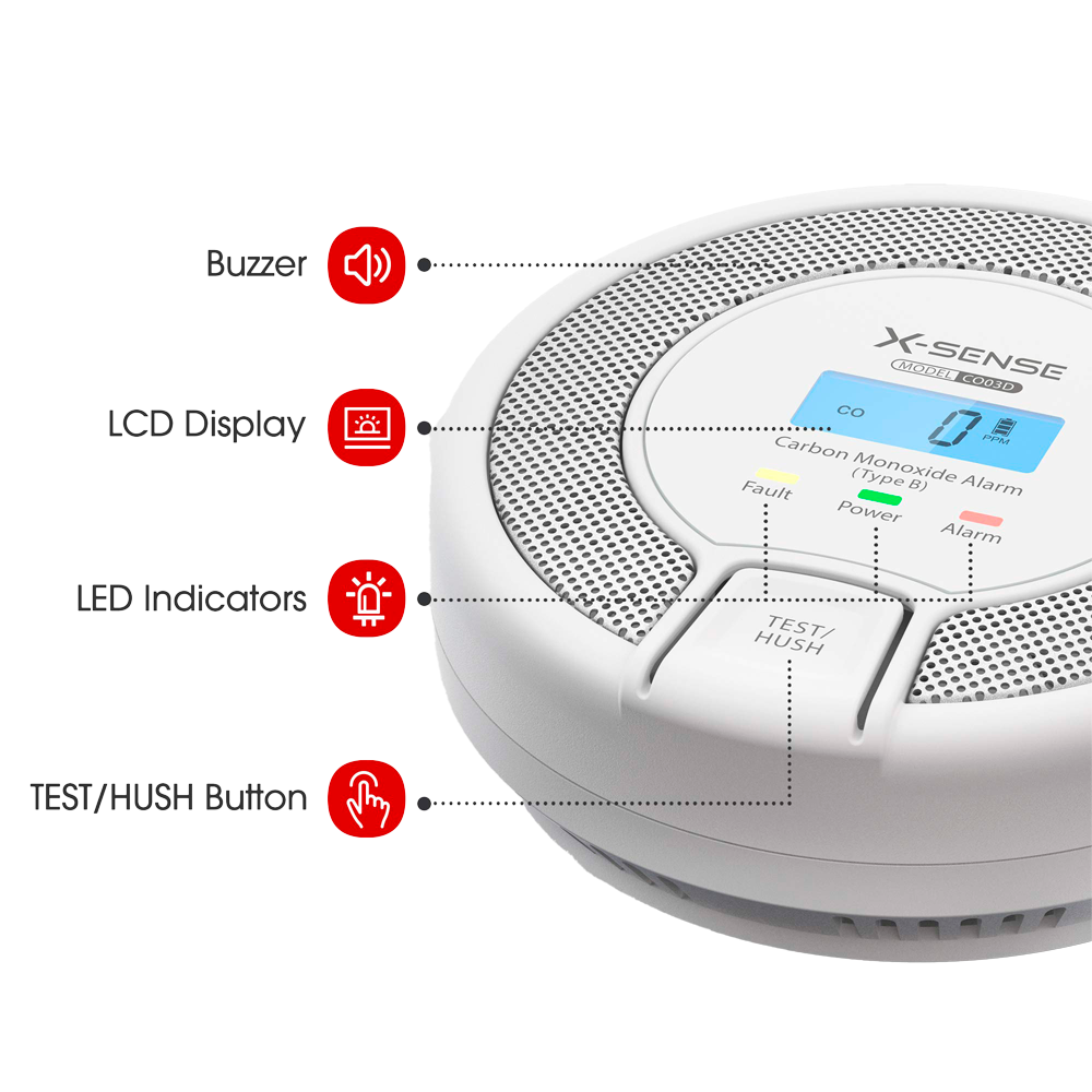 Rilevatore di CO autonomo X-Sense - Batteria sostituibile - Spia di allarme - Allarme acustico 85 dB a 3m - Pulsante di prova e schermo LCD - Certificato EN 50291