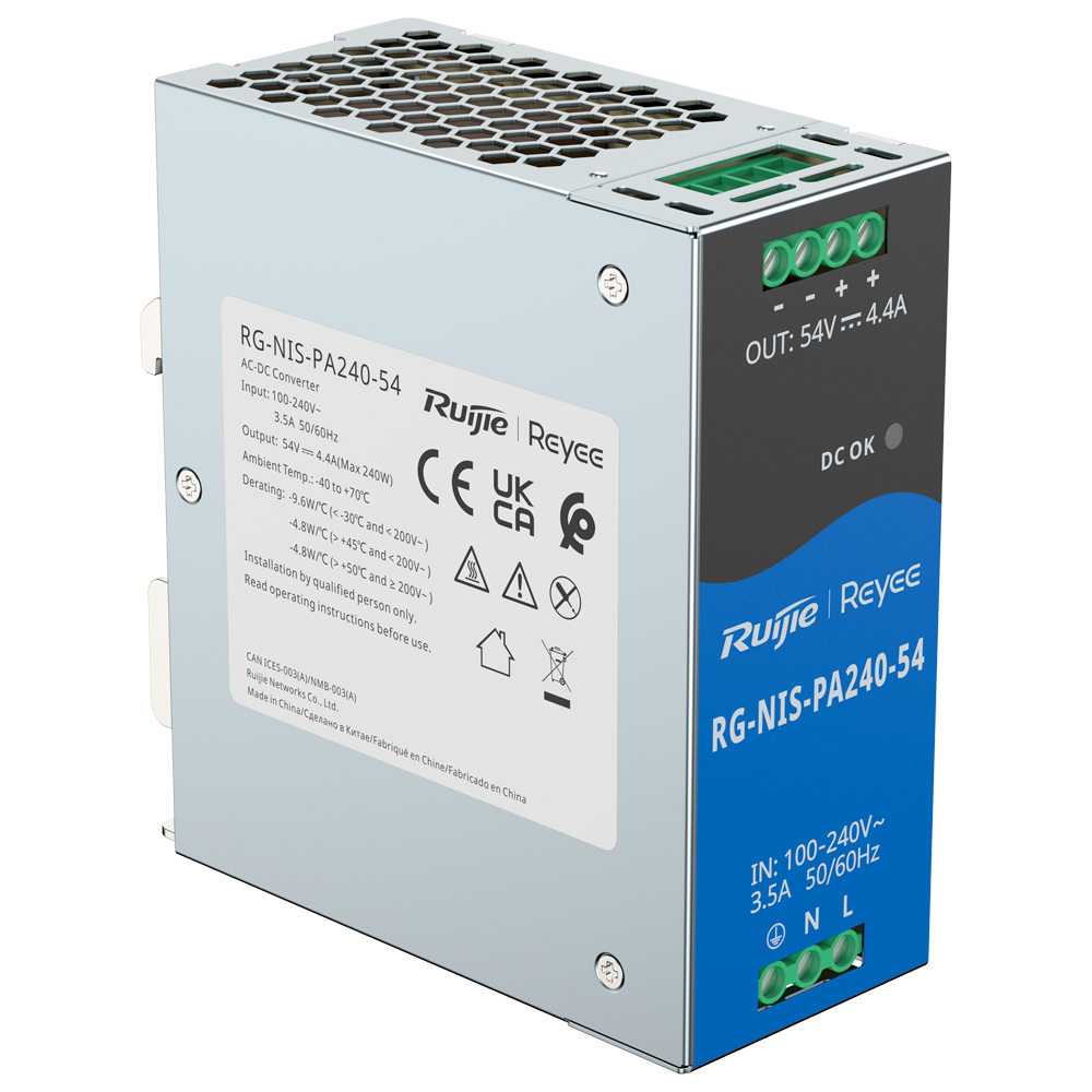 Fuente de alimentación Industrial Reyee - Salida DC 54 V 4,4A / 240 W - 2 salidas DC - Voltaje entrada 100 V ~ 240 V - 125 (Al) x 52 (An) x 110 (Fo) mm - Montaje en carril DIN