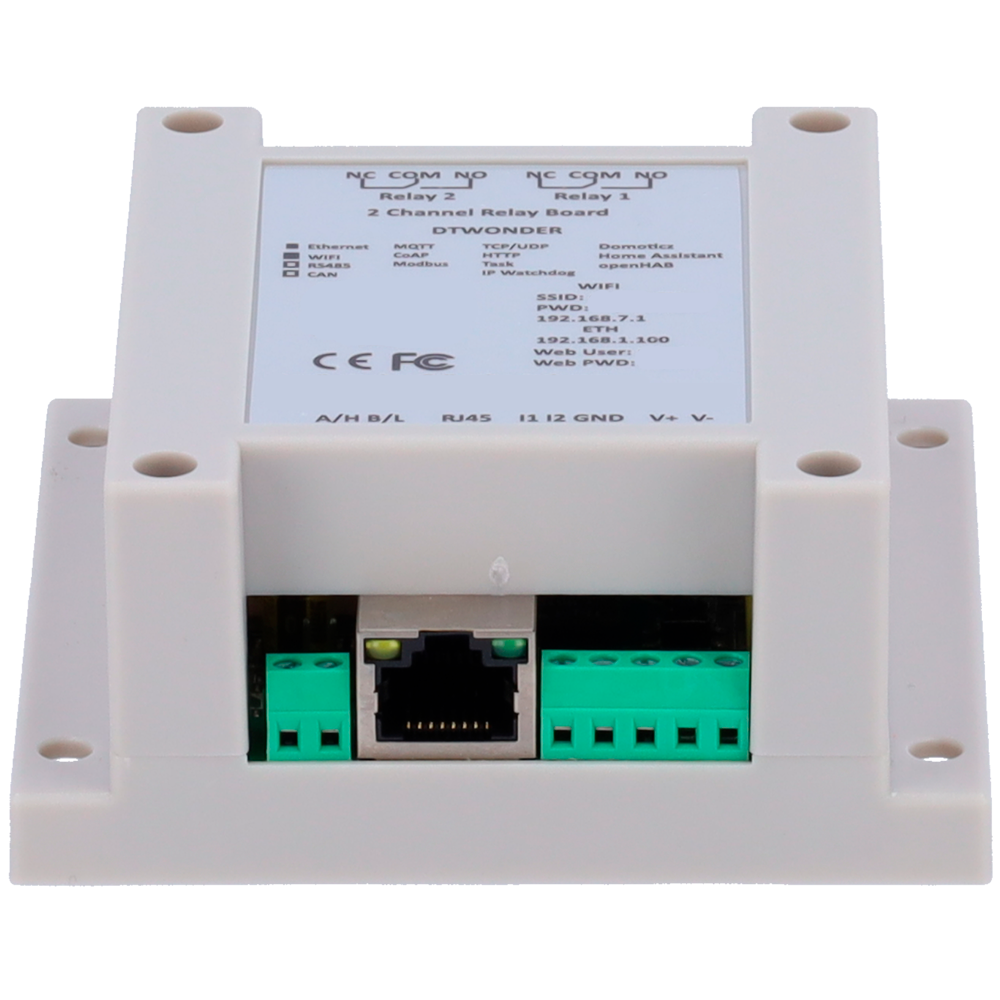 Modulo di acquisizione e controllo dati - 2 ingressi digitali / 2 uscite relè (NA/NC) - Protocolli: Modbus/TCP, TCP/IP, UDP, HTTP,... - Server web integrato - 1 porta Ethernet 10/100 Base-TX, 1 porta WiFi - Alimentatore non incluso (12VDC/1A)