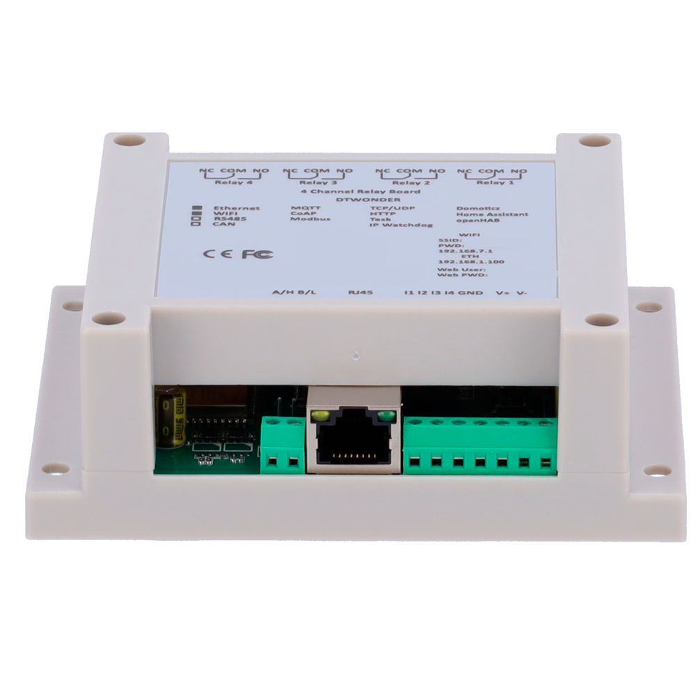 Modulo di acquisizione e controllo dati - 4 ingressi digitali / 4 uscite relè (NA/NC) - Protocolli: Modbus/TCP, TCP/IP, UDP, HTTP,... - Server web integrato - 1 porta Ethernet 10/100 Base-TX, 1 porta WiFi - Alimentatore non incluso (12VDC/1A)