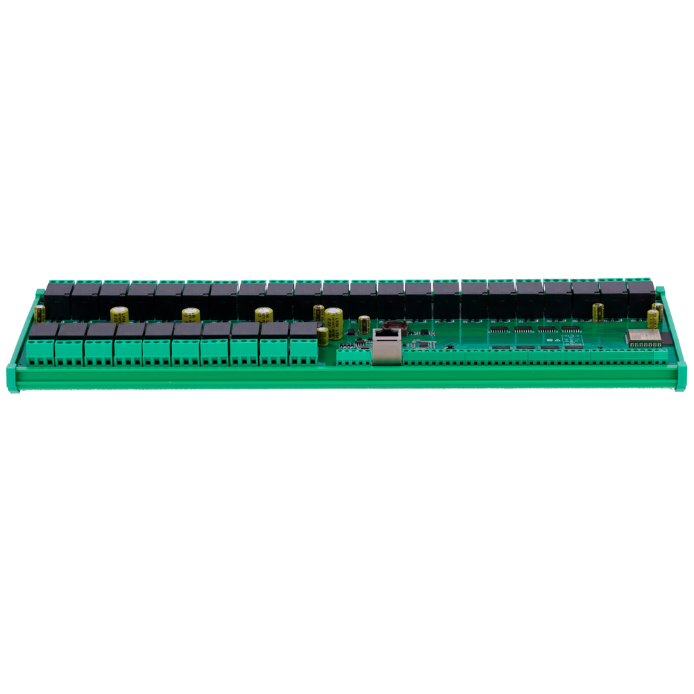 Módulo de adquisición y control de datos - 32 entradas digit. / 32 salidas de relé (NA/NC) - Protocolos: Modbus/TCP, TCP/IP, UDP, HTTP,... - Servidor web integrado - 1 puerto Ethernet 10/100 Base-TX, 1 puerto WiFi - No incluye alimentador (12VDC/1A)