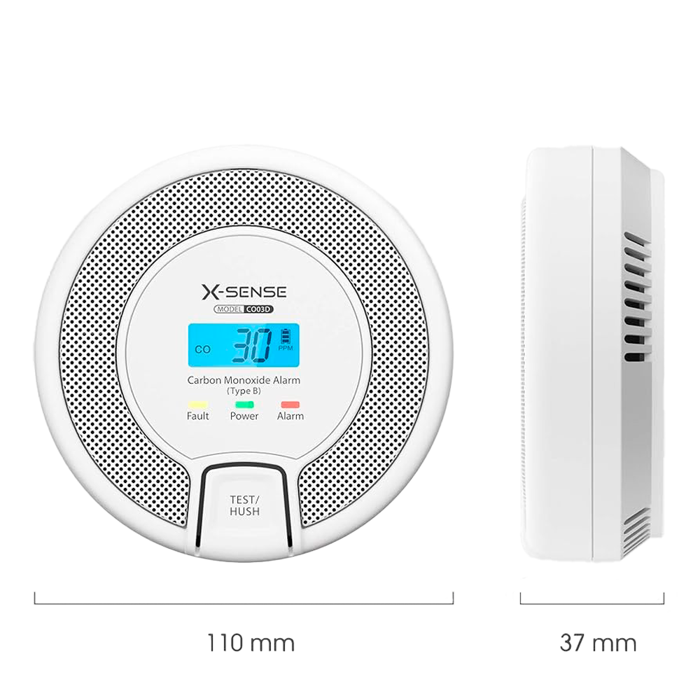 Rilevatore di CO autonomo X-Sense - Batteria sostituibile - Spia di allarme - Allarme acustico 85 dB a 3m - Pulsante di prova e schermo LCD - Certificato EN 50291