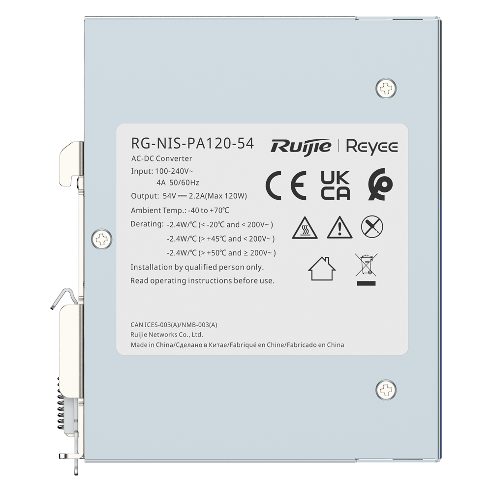 Fuente de alimentación Industrial Reyee - Salida DC 54 V 2,2A / 120 W - 2 salidas DC - Voltaje entrada 100 V ~ 240 V - 125 (Al) x 35 (An) x 100 (Fo) mm - Montaje en carril DIN