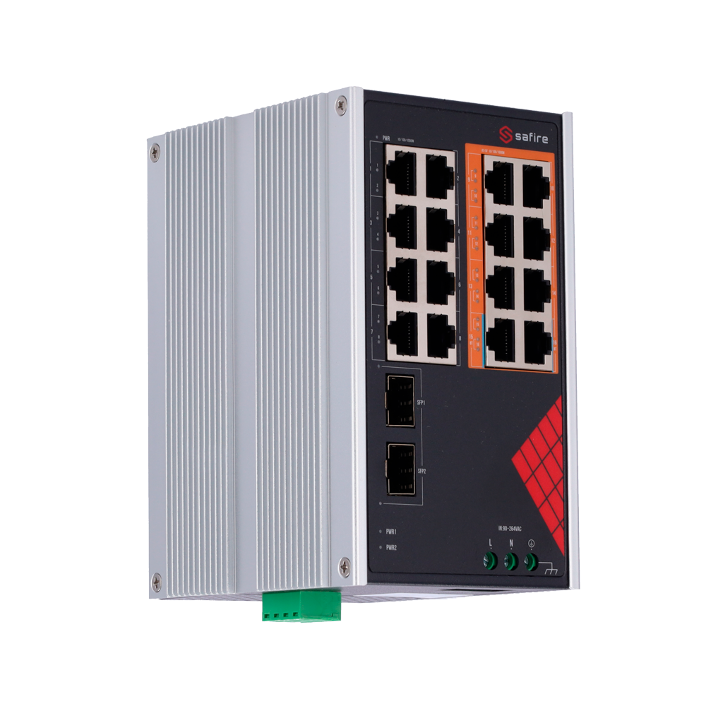 Safire Switch Industrial Alimentación AC 90~264V - 16 puertos Gigabit + 2 SFP Gigabit - 6 Puertos PoE+ 30W + 2 Puertos Hi-PoE 60W - PoE Watchdog - Hasta 130W Potencia PoE total - Instalación carril DIN