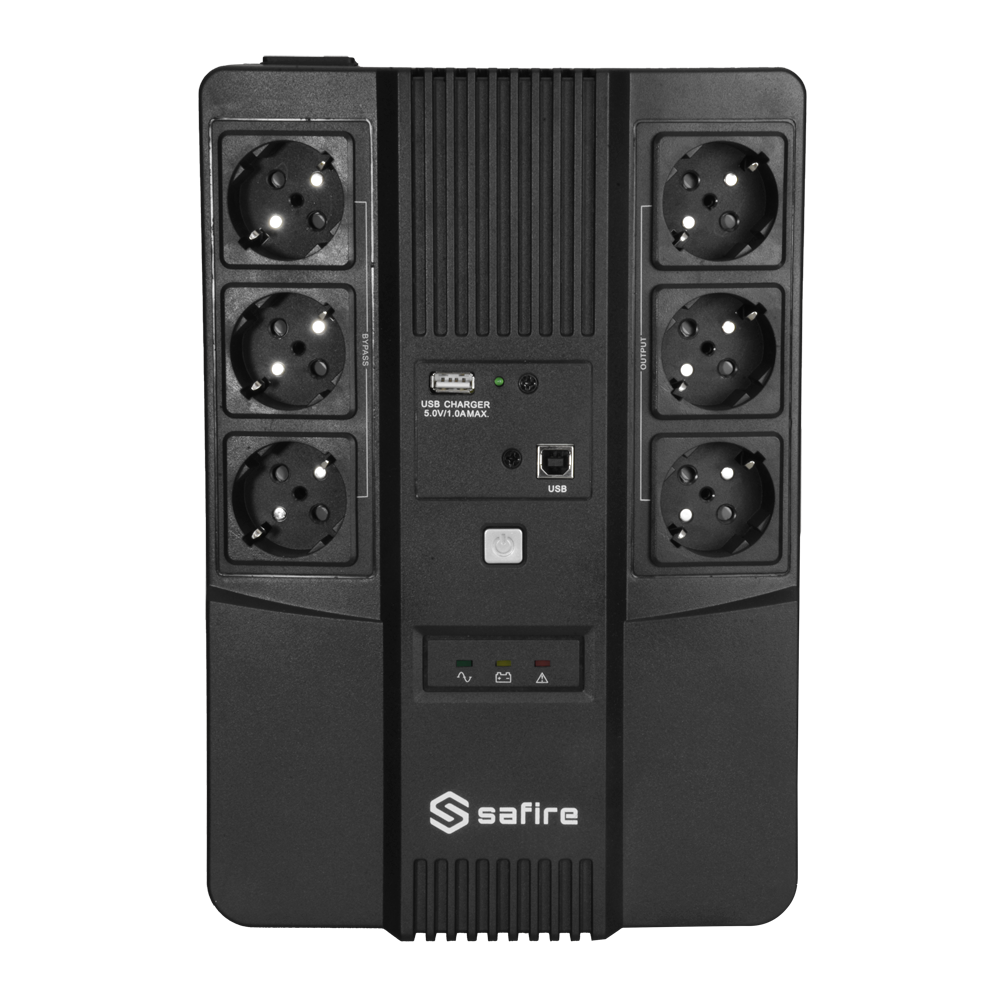 UPS monofase line-interactive - Potenza 800VA/480W - Entrata 220~240 Vac /Uscita 230 Vac - 6 uscite protette (3 UPS, 3 Bypass) - Tempo di ricarica 6~8 ore - Batteria al piombo-acido sigillata (inclusa)