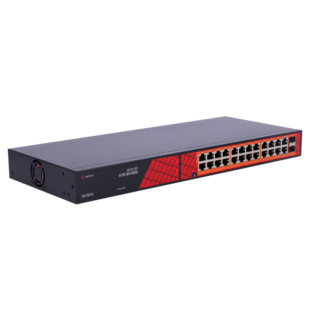 Safire Switch Hi-PoE - 24 puertos PoE + 2 SFP Uplink - Velocidad de puertos Gigabit 10/100/1000Mbps - 22 Puertos PoE+ 30W + 2 Puertos Hi-PoE 60W - PoE Watchdog - Hasta 300W Potencia PoE total