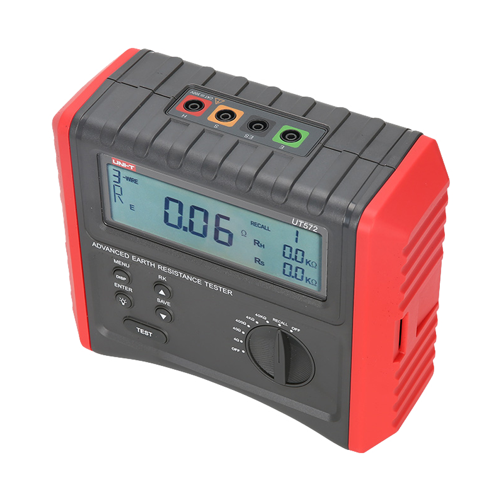 Misuratore della resistenza di terra - Display LCD - Misurazione della resistenza di terra fino a 40kΩ - Misura della resistività del suolo fino a 40kΩ - Memorizzazione dei dati - Spegnimento automatico