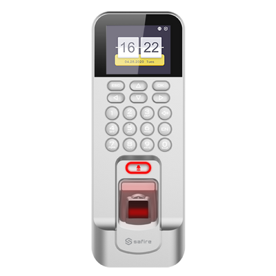 Control de acceso y presencia - Huellas, teclado y tarjeta EM - 3.000 registros / 100.000 registros - TCP/IP, USB, RS485, Wiegand y Relay - Control integrado | Modo Presencia - Software Safire Control Center | Color plata