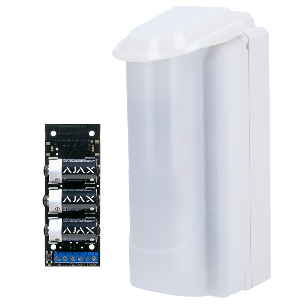 Rilevatore da esterno Duevi a basso consumo - Compatibile con Ajax Transmitter (incluso) - Doppio PIR e microonde (24 GHz) - Rilevamento 15 m / Antimasking / Pet immunity - Alimentazione fornita dal Transmitter - Uso esterno IP54 / Antivandalo IK10