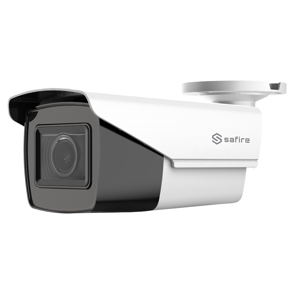 Cámara Bullet HDTVI Safire Gama ECO - CMOS de Alto Rendimiento 5 Mpx - Lente motorizada 2.7~13.5 mm - Smart IR Matrix LEDs Alcance 40 m - Alimentación sobre Coaxial (PoC) - Resistente al agua IP67