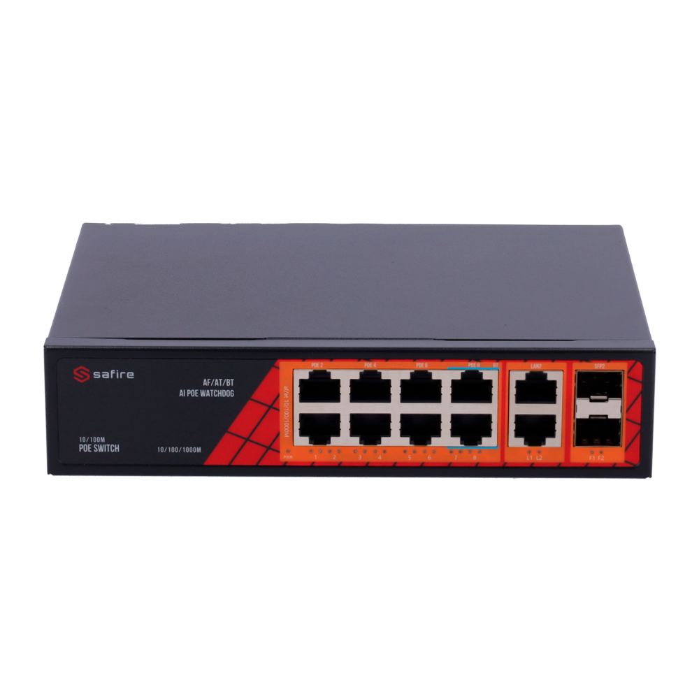 Safire Switch Hi-PoE - 8 puertos PoE + 2 SFP + 2 RJ45 - Velocidad de puertos Gigabit 10/100/1000Mbps - 6 Puertos PoE+ 30W + 2 Puertos Hi-PoE 60W - PoE Watchdog - Hasta 120W Potencia PoE total
