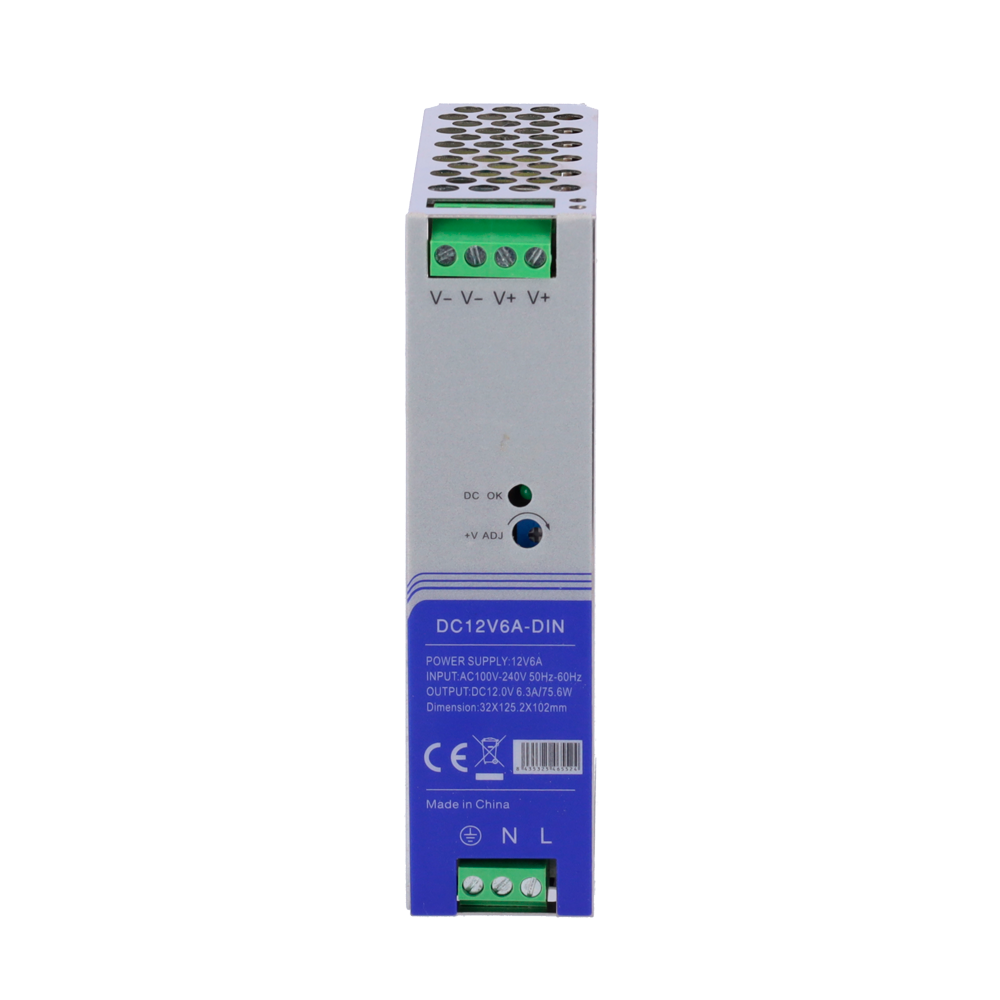 Switched power source - DC 12V 6.3A / 75W output - AC100V-240V /50Hz-60Hz input voltage - 103 (Fo) x 125 (Al) x 33 (An) mm - DIN rail mounting - Protection: Overload /Overvoltage/Short circuit
