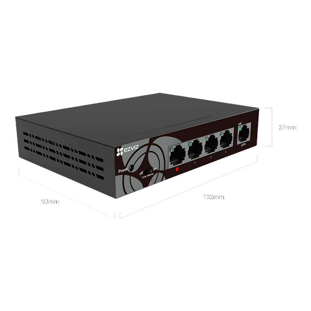 Switch PoE Ezviz - 4 porte PoE + 1 Uplink RJ45 - Velocità fino a 1000 Mbps su tutte le porte - Fino 50W in totale per tutte le porte - Modalità Estesa, fino a 250m di portata - Norma IEEE802.3at (PoE) / af (PoE+)