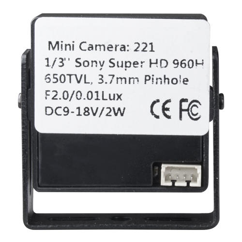 Mini cámara con cable - 1/3" Sony© Super HAD CCD II - Resolución 600 líneas - Soporte incorporado - 0,3 Lux / F2.0 - Lente estenopeica de 3,7 mm