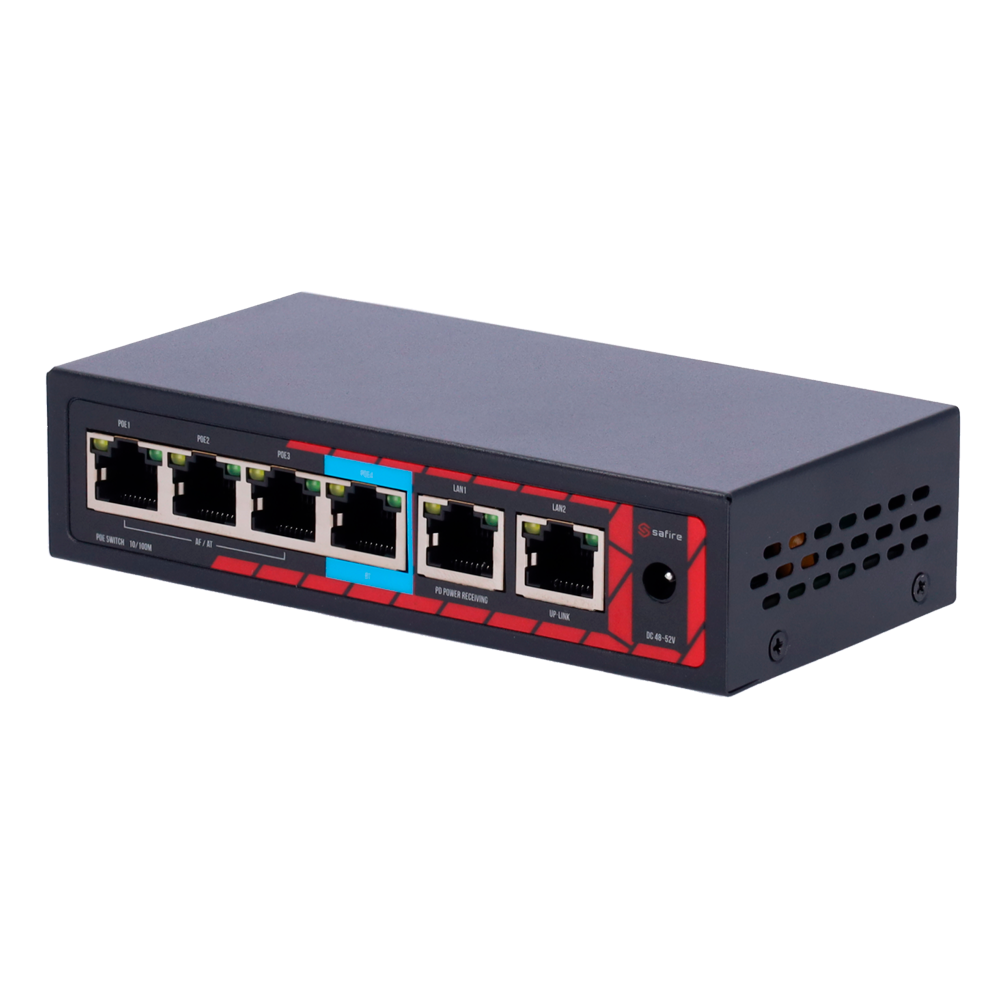 Safire Indoor POE extender Switch - Ampia portata dell' alimentazione POE - 4 porte PoE + 2 Uplink RJ45 - IEEE 802.3 af/at/bt - Potenza massima in uscita 60 W - Porte 10/100 Mbps