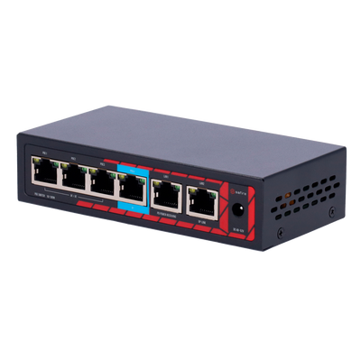 Safire Indoor POE extender Switch - Ampia portata dell' alimentazione POE - 4 porte PoE + 2 Uplink RJ45 - IEEE 802.3 af/at/bt - Potenza massima in uscita 60 W - Porte 10/100 Mbps
