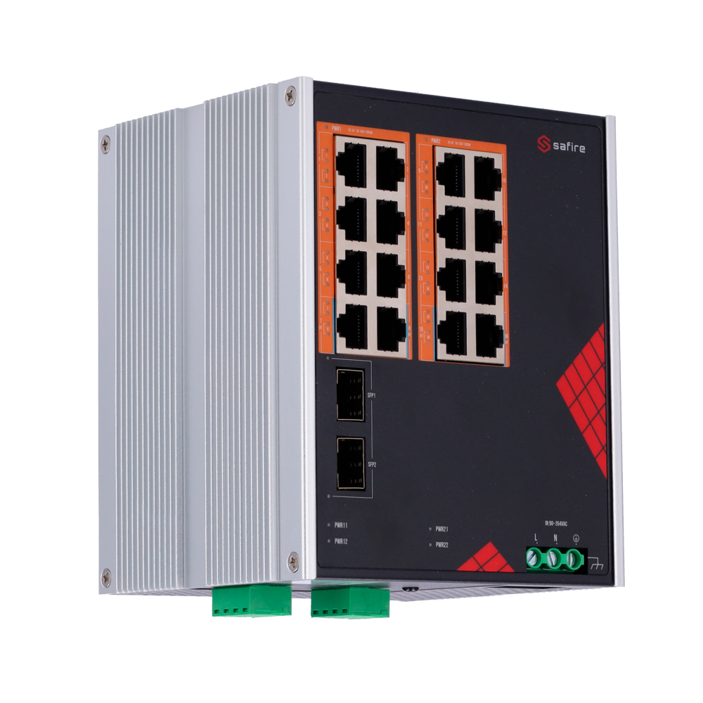 Safire Switch Industrial Alimentación AC 90~264V - 16 puertos Gigabit + 2 SFP Gigabit - 12 Puertos PoE+ 30W + 4 Puertos Hi-PoE 60W - PoE Watchdog - Hasta 260W Potencia PoE total - Instalación carril DIN