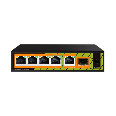 Indoor POE extender Switch - Ampia portata dell' alimentazione POE - 4 porte PoE + 1 Uplink RJ45 +1 SFP  - IEEE 802.3 af/at/bt - Potenza massima in uscita 60 W - Porte 10/100/1000 Mbps