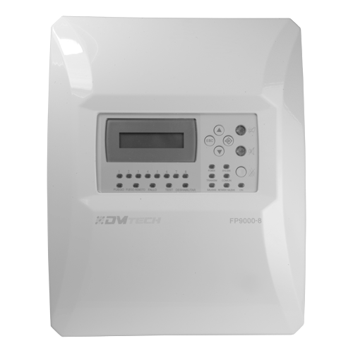 Centrale convenzionale di 8 zone con schermo LCD - 2 Uscita sirena - 2 uscite di allarme e guasto e 2 uscite relé configurabili - Uscita ripetitore - Fino a 30 rilevatori per zona - Rilevamento automatico della resistenza di fine linea