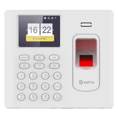 Controllo Presenze - Impronte, scheda EM e tastiera - 3.000 registrazioni / 100.000 registri - TCP/IP, USB e WiFi - Modalità Presenze | Colore bianco - Software Safire Control Center AC