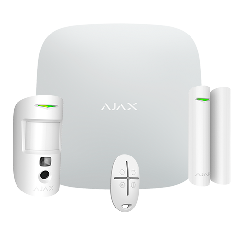 Professional alarm kit - Grade 2 certified - Ethernet / Wi-Fi / dual SIM 4G communication - Wireless 868 MHz Jeweler and Wings - Ajax HUB 2 Plus, 1 PIRCAM - 1 Magnetic contact and 1 remote control