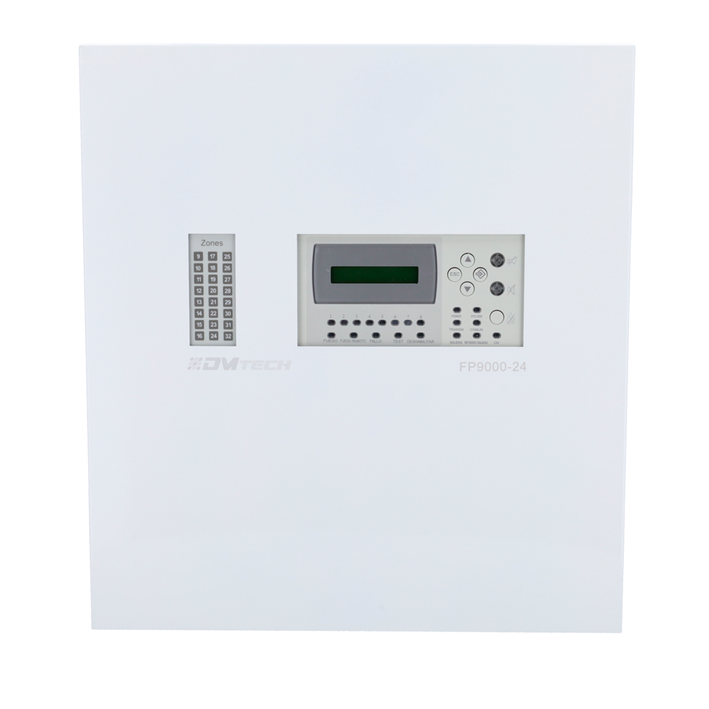 Centrale convenzionale di 24 zone con schermo LCD - 2 Uscita sirena - 2 uscite di allarme e guasto e 10 uscite relé configurabili - Uscita ripetitore - Fino a 30 rilevatori per zona - Rilevamento automatico della resistenza di fine linea