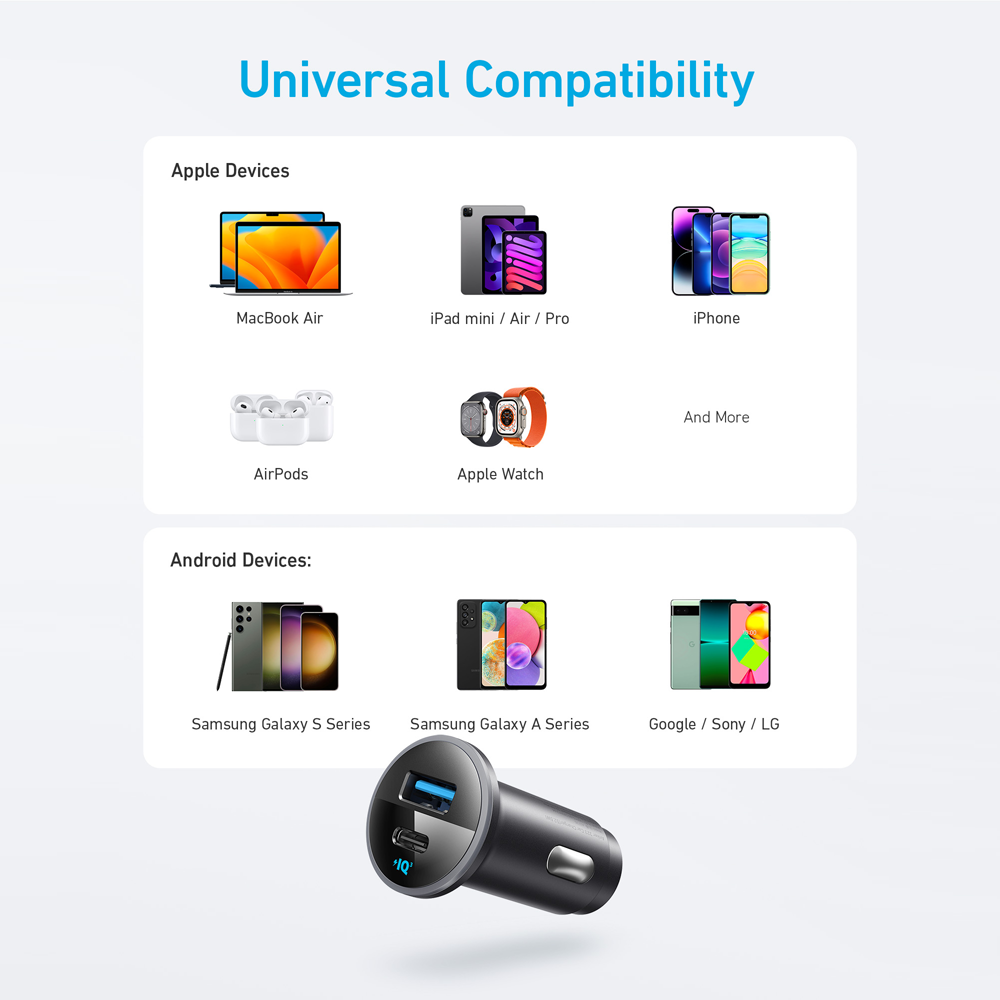 Anker - Accendisigari per auto - Potenza 52.5W - Ricarica rapida 30W | Tecnologia PowerIQ 3.0 - Uscite USB-C, USB-A - Colore nero