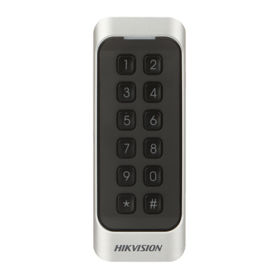 Lettore controllo accessi da superficie - Accesso tramite scheda MF e PIN - indicatore LED e acustico - Wiegand 26/34 | RS485 - Compatibile con i controller Hikvision - Adatto per esterni IP65