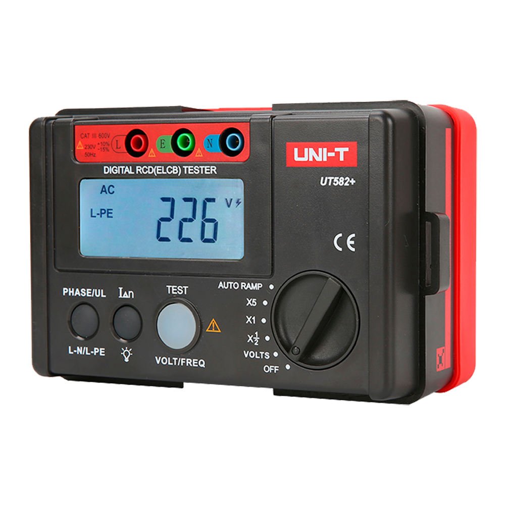 Tester del tempo di scatto dell'interruttore automatico - Display LCD fino a 1000 conteggi - Compatibile con circuiti monofase 195V~253V - Misurazione della tensione AC fino a 600V - Selettore di fasi 0º e 180º - Spegnimento automatico