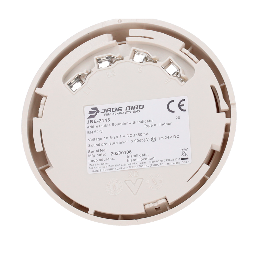 Sirena analogica Jade Bird - Elevata potenza di uscita 100 dB(A) @ 1m - Richiede un'alimentazione ausiliaria da 24 VDC - Non include base - Installazione per interni - Certificato EN 54-3