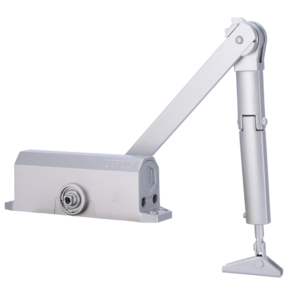 Chiudiporta con braccio articolato - Montato a parete e reversibile - Apertura con forza ridotta - Porte tra 25~85 kg e 850~1100 mm - Due velocità di chiusura regolabili - Adatto per qualsiasi tipo di porta