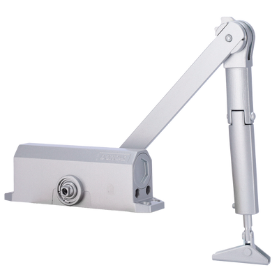 Chiudiporta con braccio articolato - Montato a parete e reversibile - Apertura con forza ridotta - Porte tra 25~85 kg e 850~1100 mm - Due velocità di chiusura regolabili - Adatto per qualsiasi tipo di porta