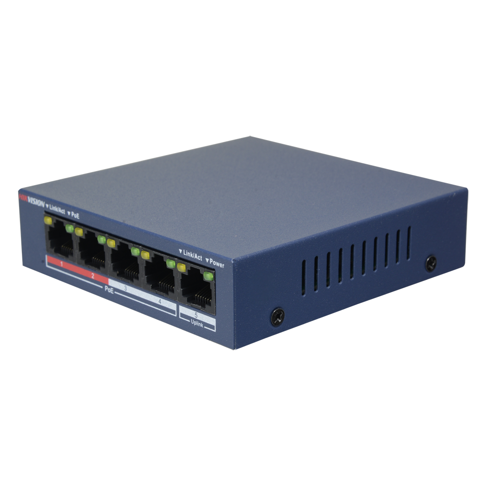 Interruttore da tavolo Hikvision - 4 Porte PoE + 1 porta Uplink (RJ45) - Velocità 10/100 Mbps - Fino 35W in totale per tutte le porte - Compatibile con PoE IEEE802.3af
