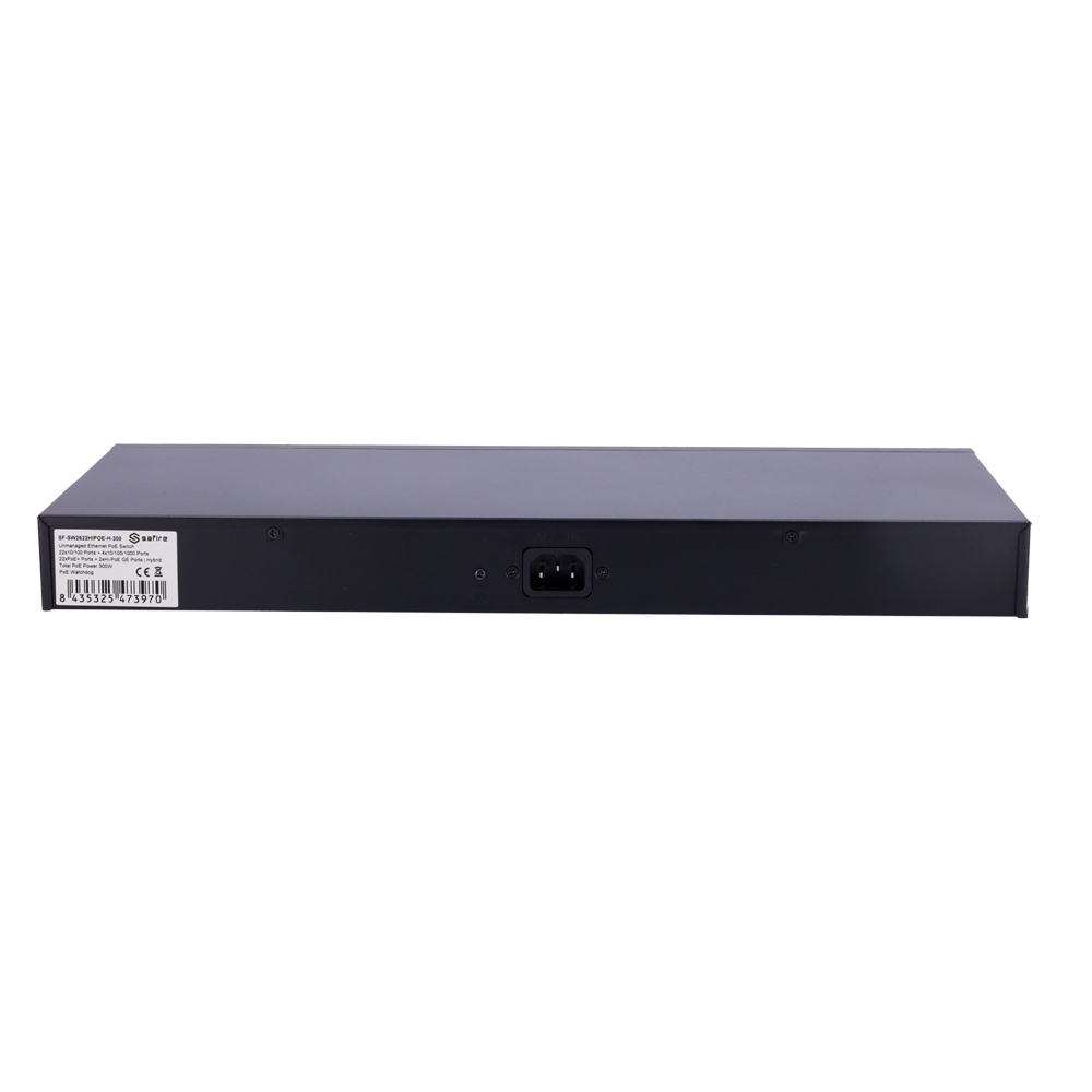 Safire Switch Hi-PoE - 24 Puertos PoE + 2 Uplink RJ45 - Hibrido 22x10/100Mbps + 4x10/100/1000Mbps - 22 Puertos PoE+ 30W + 2 Puertos Hi-PoE 60W - PoE Watchdog - Hasta 300W Potencia PoE total