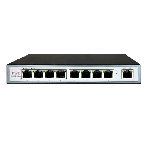 Switch PoE - 8 porte (4 PoE) + 1 Uplink RJ45 - Velocità 10/100 Mbps - 25.5 W per porta / Massimo 60W - Autonomia fino a 100m - Norma IEEE802.3at (PoE) / af (PoE+)