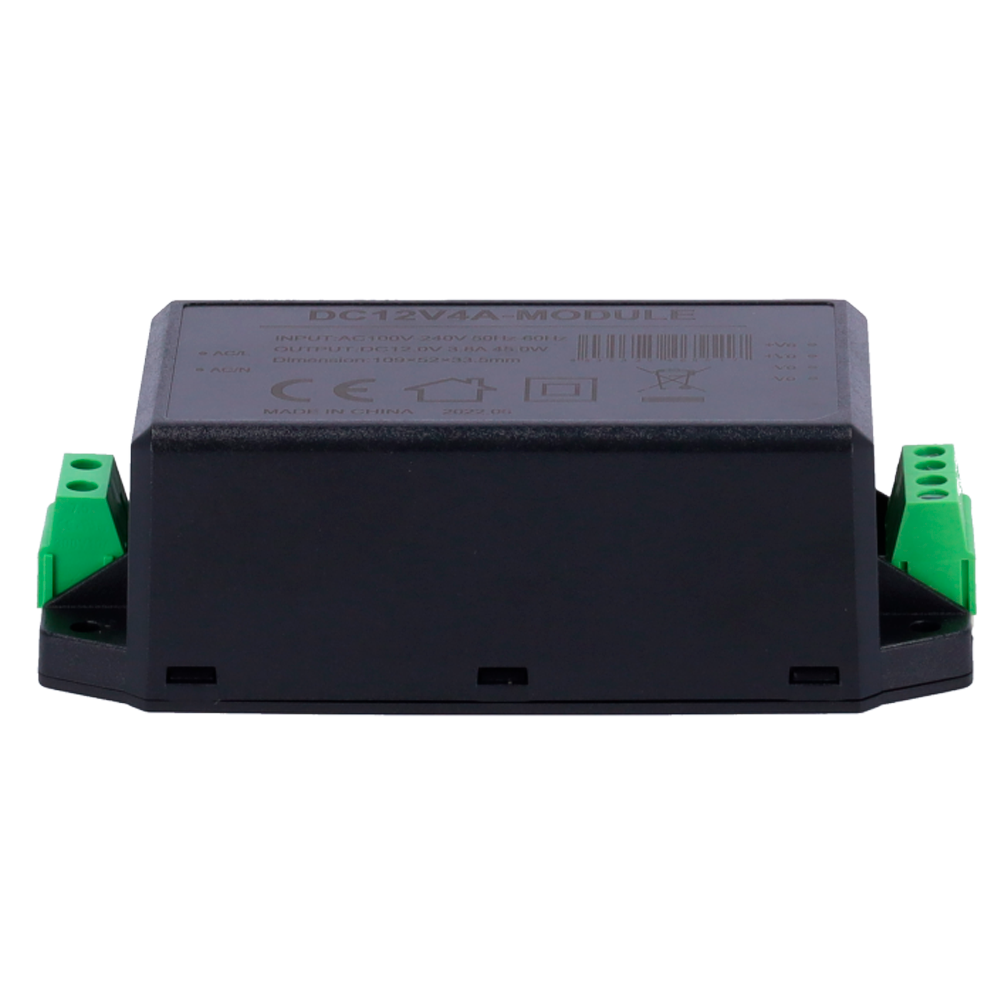 Adattatore di Alimentazione - Uscita DC 12 V 3.8 A - Ingresso AC100-240 V 50/60 HZ - 109 x 52 x 33.5 mm - Protezione: Sovraccarico/Sovratensione - Colore nero