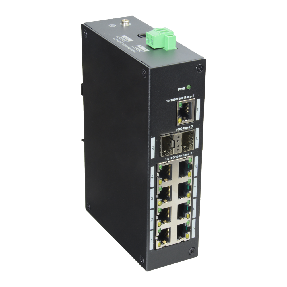 Industrial X-Security Switch - 9 RJ45 ports + 2 Uplink (SFP) ports - 10/100/1000 Mbps speed - Energy saving technology - Installation on DIN rail
