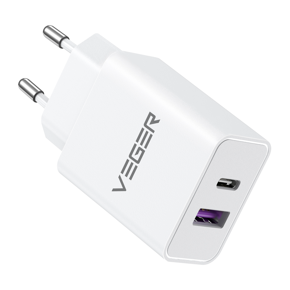 VEGER - Cargador - Potencia total 30 W - 1 puertos USB-A , 1 USB-C  - Protección contra sobrecarga y cortocircuitos - Color blanco