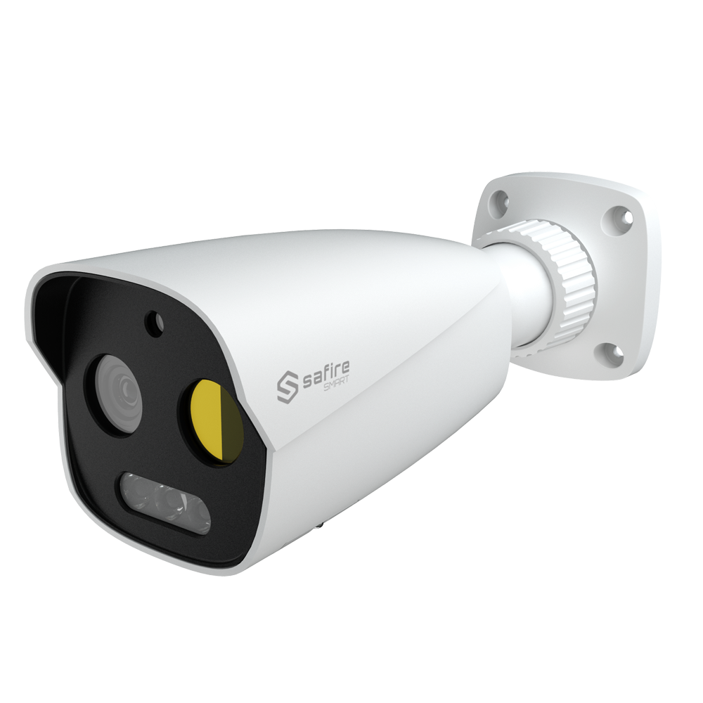 Cámara térmica Dual IP Bullet Safire Smart - Sensor térmico 256x192 VOx | Lente 7 mm - Sensor óptico 1/2.7” 5 Mpx | Lente 8 mm - Sensibilidad térmica ≤ 50mK - AI basado en clasificación de humano y vehículo - Rango medición temp -20~150ºC / ± 8ºC