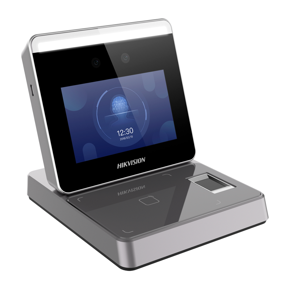 Lector de tarjetas, huellas y caras - Tarjetas EM 125 kHz y MF 13.56 MHz - Cámara 2 Mpx - Comunicación TCP/IP, WiFi y USB - Plug & Play - Software iVMS-4200