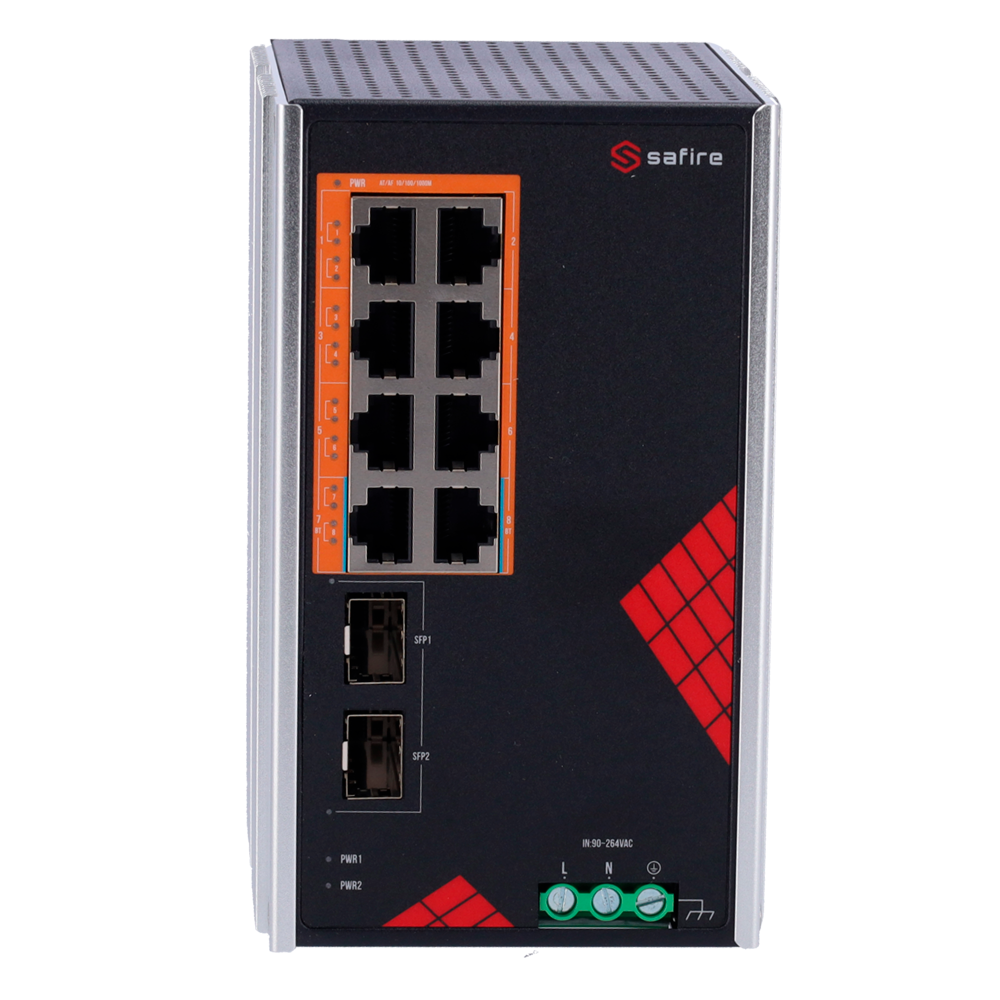Safire Switch Industrial Alimentación AC 90~264V - 8 puertos Gigabit + 2 SFP Gigabit - 6 Puertos PoE+ 30W + 2 Puertos Hi-PoE 60W - PoE Watchdog - Hasta 130W Potencia PoE total - Instalación carril DIN