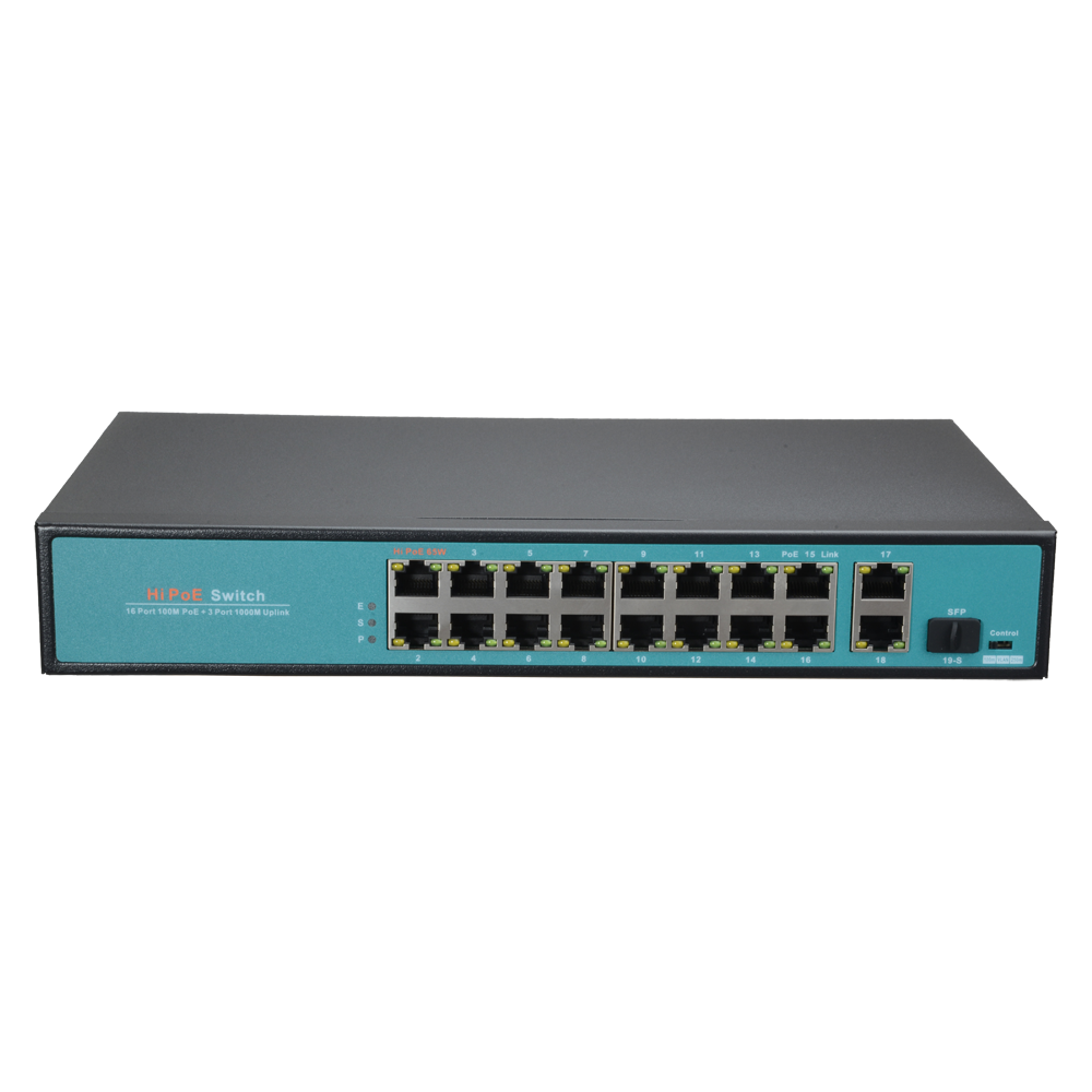 Switch PoE - 16 porte PoE + 2 Uplink GIGA + 1 SFP - Velocità della porta 10/100 Mbps - 65W porta 1 / 30W porta 2-16 / Massimo 300W - Modo TVCC fino a 250m a 10Mbps - Hi-PoE / IEEE802.3at (PoE+) / af (PoE)