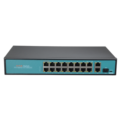 Switch PoE - 16 porte PoE + 2 Uplink GIGA + 1 SFP - Velocità della porta 10/100 Mbps - 65W porta 1 / 30W porta 2-16 / Massimo 300W - Modo TVCC fino a 250m a 10Mbps - Hi-PoE / IEEE802.3at (PoE+) / af (PoE)