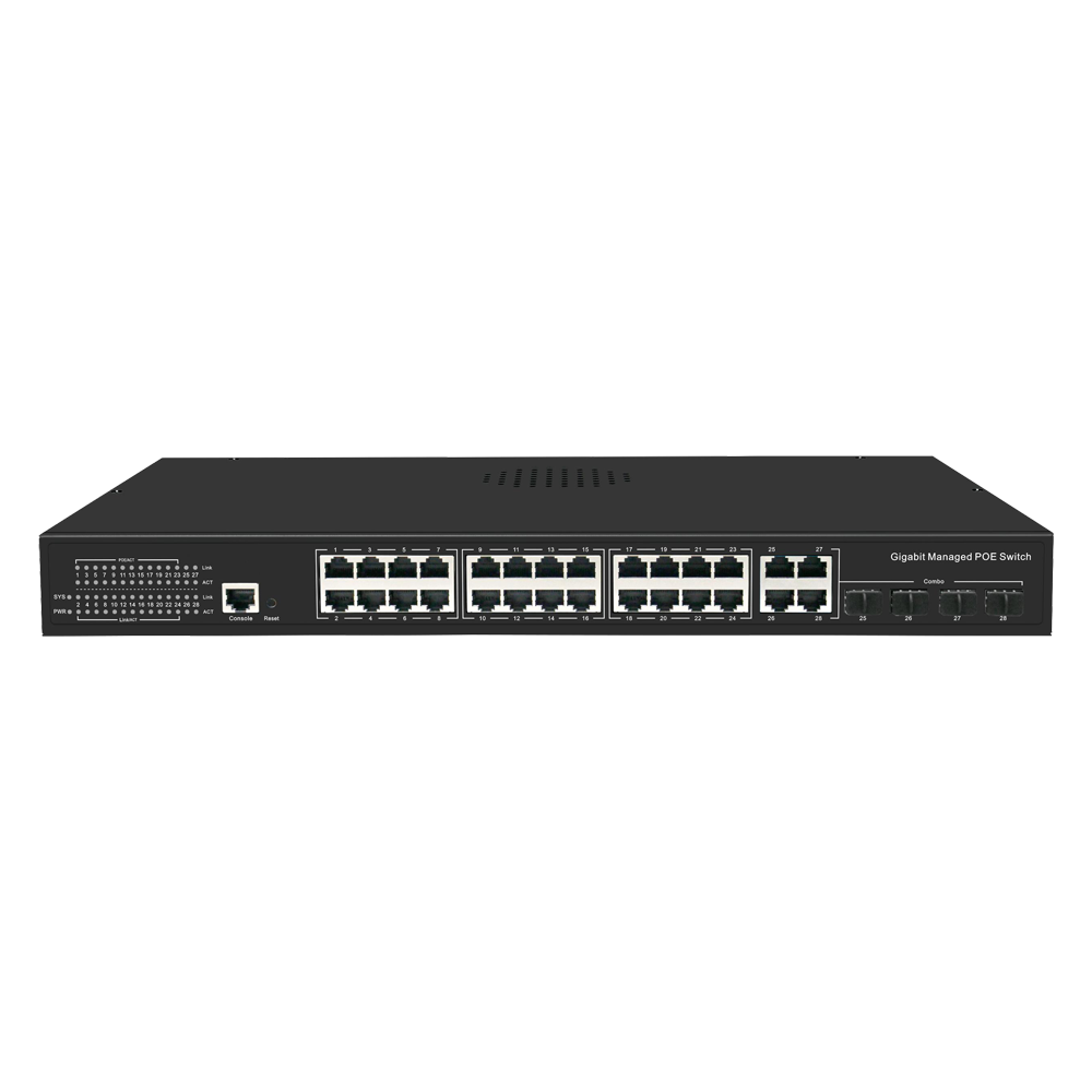 Switch PoE Gestibile - 24 porte PoE + 4 Combo Gigabit  + 4 Combo SFP - Velocità 10/100/1000 Mbps - 30 W per porta 802.3af/at / Massimo 300W - VLAN/Porta Isolation/STP/RSTP/MSTP/QoS/802.1X - LACP/Static LAG/DHCP Snooping/IGMP Snooping/QoS