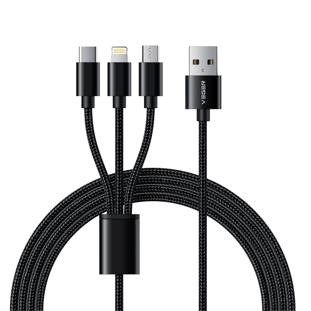 Veger -  Cavo USB 3 in 1 - Guaina metallica intrecciata in nylon - Lunghezza 1.5m