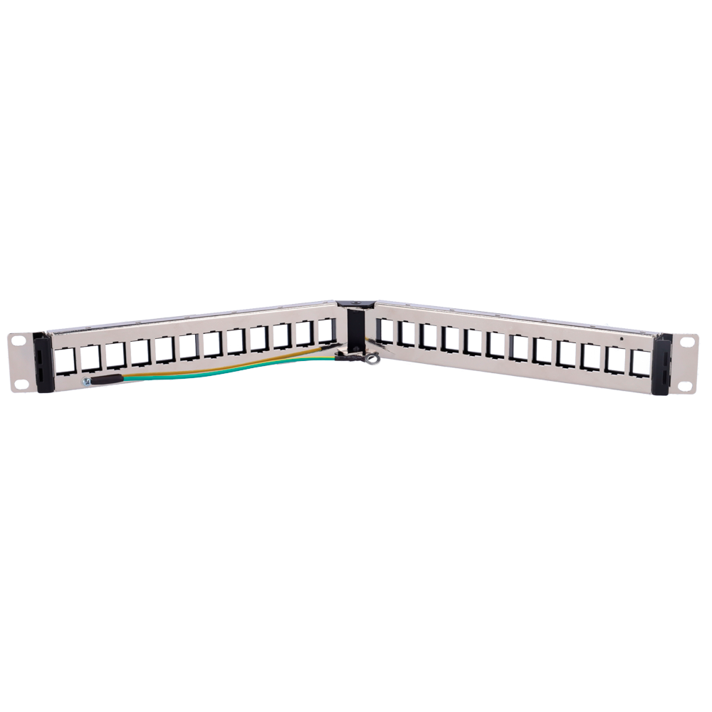Patch panel de esquina vacío - 24 puertos FTP - Formato rack 1U - Sin electrónica - Incluye barra de fijación de cables - Con cable de tierra