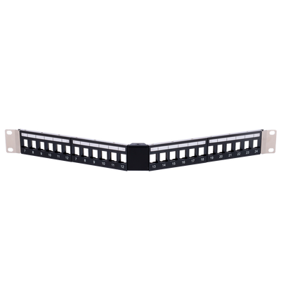 Patch panel angolare vuoto - 24 porte FTP - Formato per rack 1U - Senza elettronica - Barra per fissaggio cavi inclusa - Con cavo di messa a terra