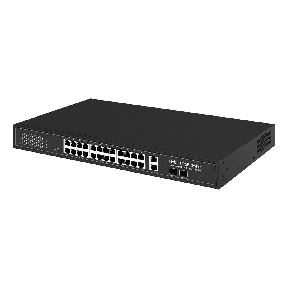 Switch PoE - 24 porte PoE + 2 Porta Gigabit + 2 SFP Combo - Velocità 10/100 Mbps - Fino a 300 W in totale - Portata fino a 250m (Porte 3-24) - Standard IEEE802.3at PoE / af PoE+ / bt Hi-PoE